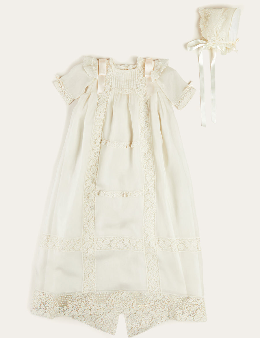 Bespoke Organza Silk Christening Gown With Antique Lace and Bonnet Made to order  from Pepa London