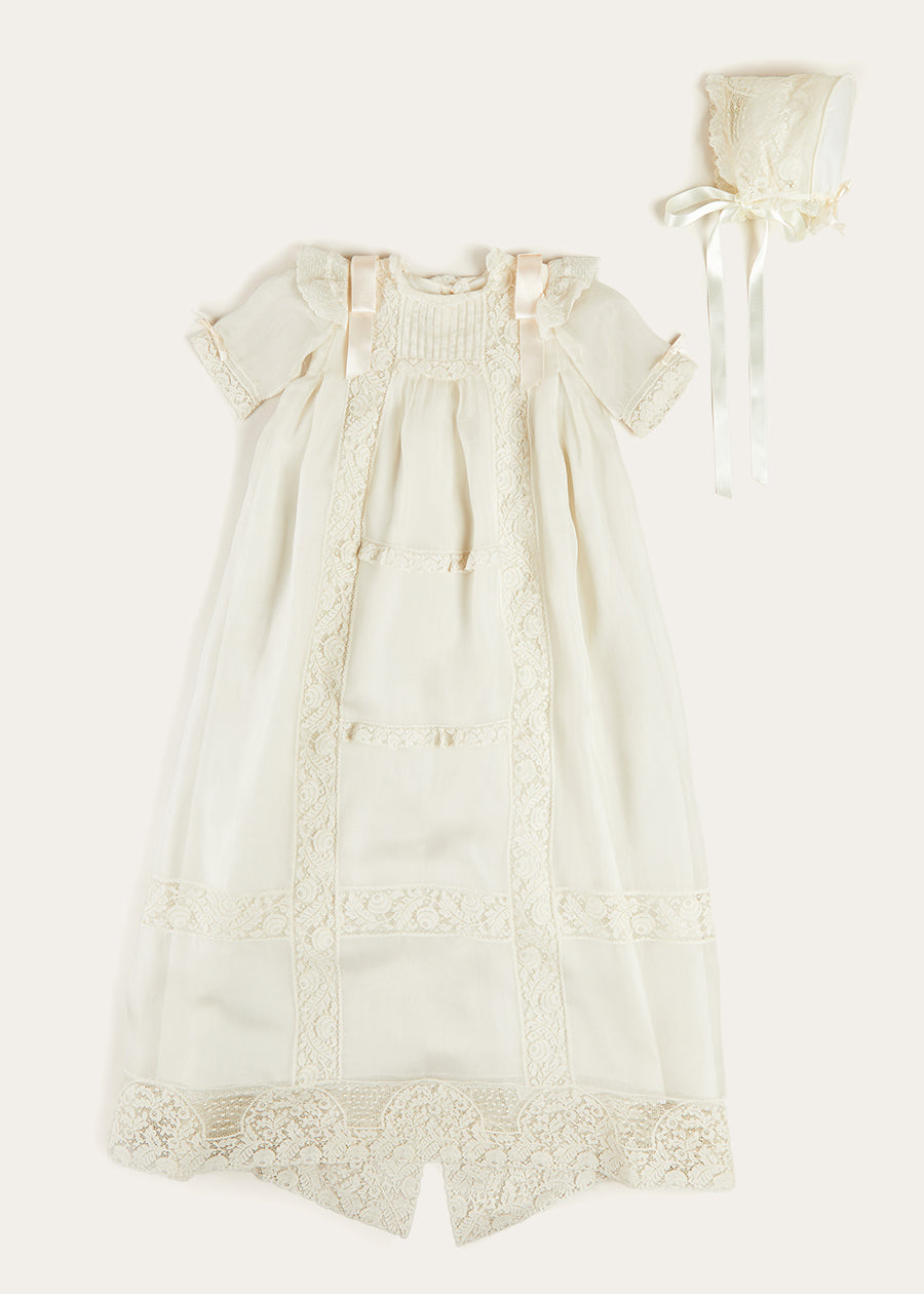 Bespoke Organza Silk Christening Gown With Antique Lace and Bonnet Made to order  from Pepa London