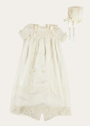 Bespoke Organza Silk Christening Gown With Antique Lace and Bonnet Made to order  from Pepa London