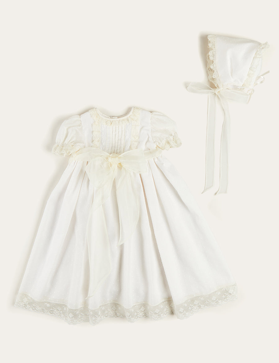 Bespoke Plumeti Embroidered Organic Lawn Cotton Christening Dress and Bonnet Made to order  from Pepa London