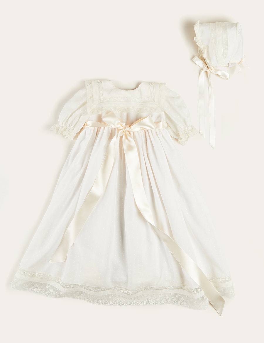 Bespoke Traditional Christening Gown with Front Satin Sash and Bonnet Made to order  from Pepa London