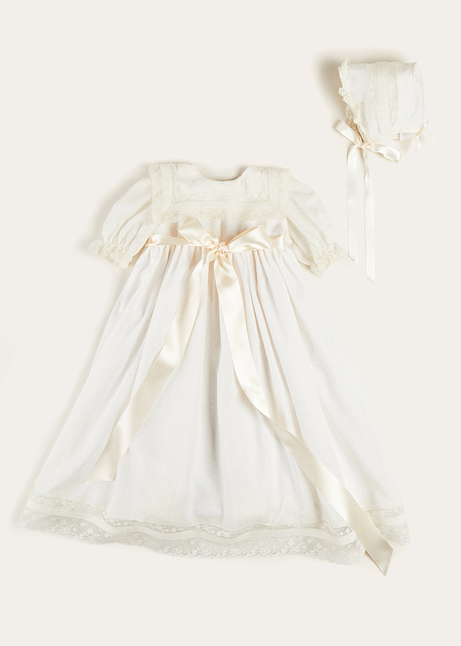 Bespoke Traditional Christening Gown with Front Satin Sash and Bonnet Made to order  from Pepa London
