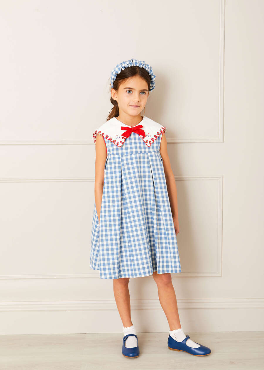 Embroidered Gingham Sleeveless Dress in Blue (12mths-12yrs) Dresses from Pepa London