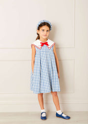 Embroidered Gingham Sleeveless Dress in Blue (12mths-12yrs) Dresses from Pepa London