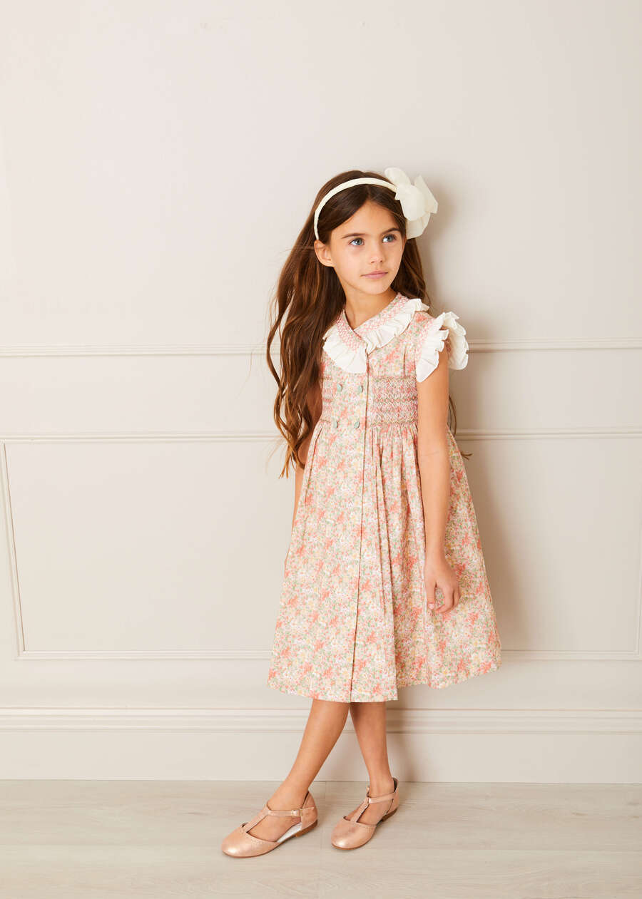 Sophie Floral Print Hand Smocked Double Breasted Dress in Peach (12mths-10yrs) Dresses  from Pepa London