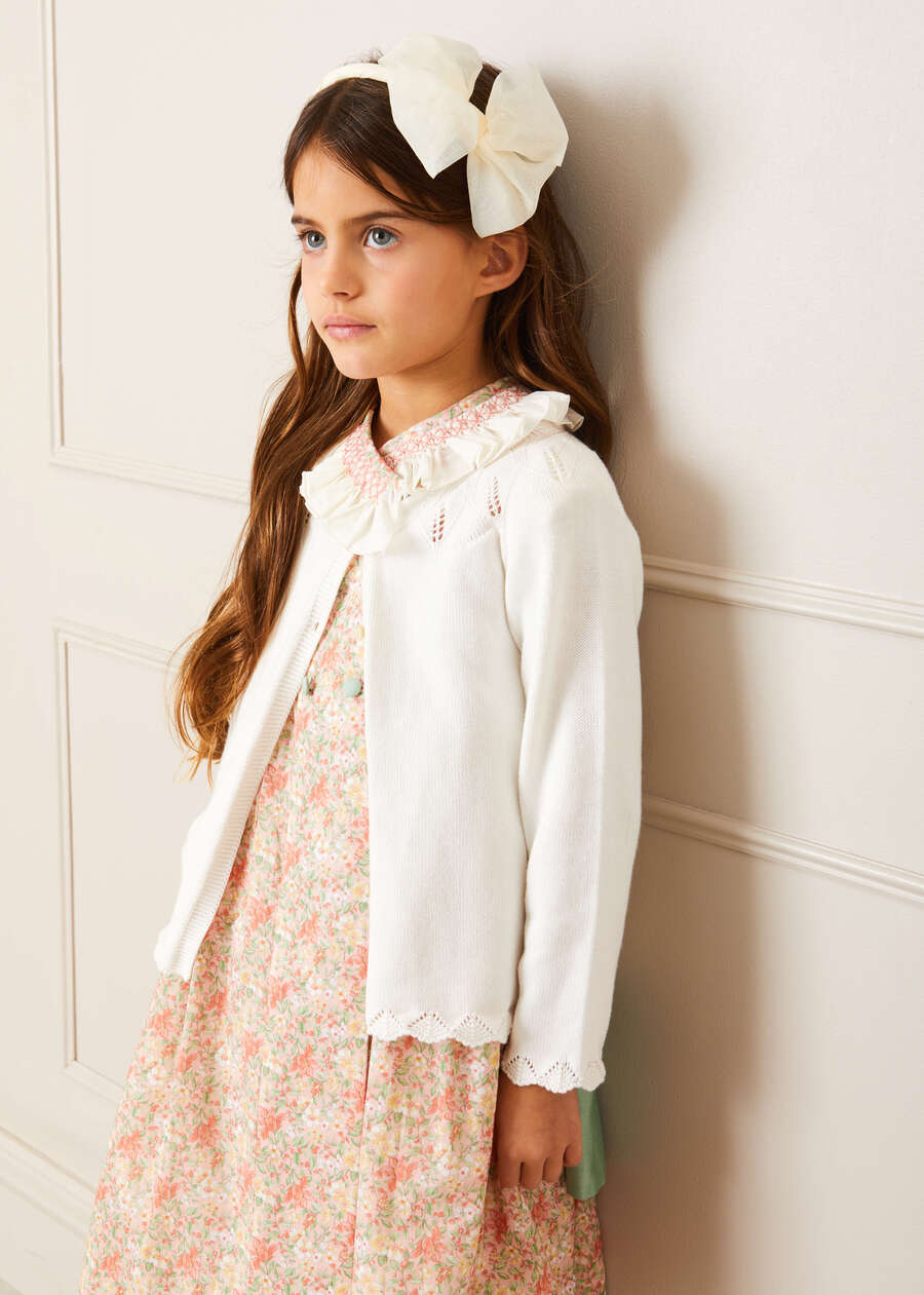 Sophie Floral Print Hand Smocked Double Breasted Dress in Peach (12mths-10yrs) Dresses  from Pepa London