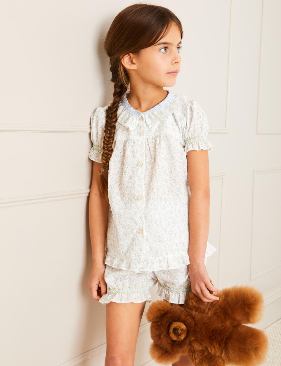 Lilibeth Floral Print Ruffle Collar Short Sleeve Pyjama Set in Blue (18mths-10yrs) Nightwear  from Pepa London