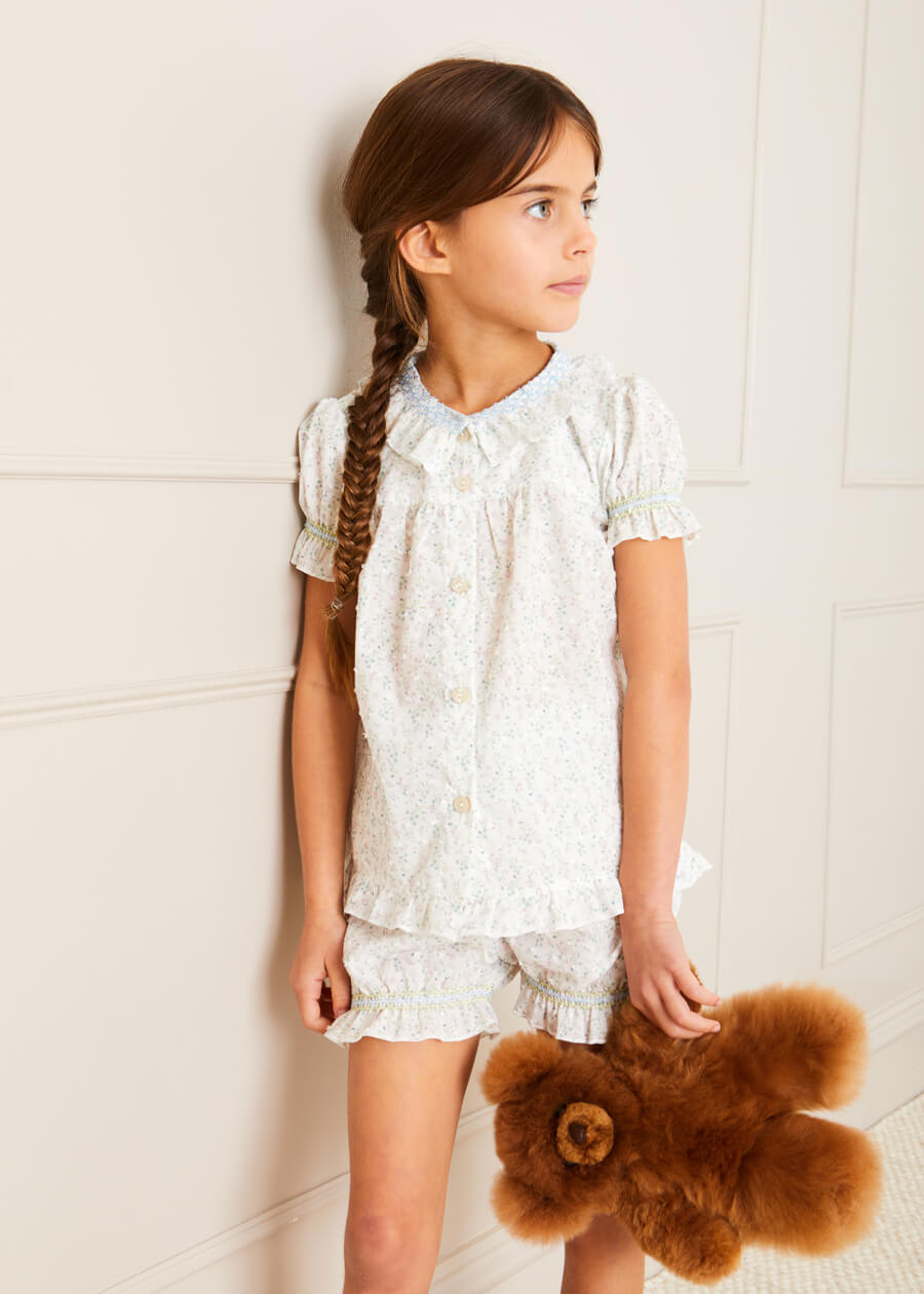 Lilibeth Floral Print Ruffle Collar Short Sleeve Pyjama Set in Blue (18mths-10yrs) Nightwear  from Pepa London