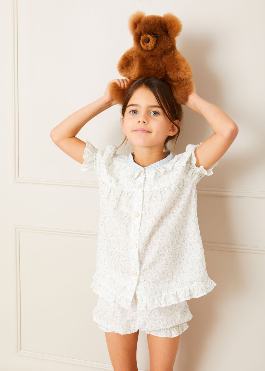 Lilibeth Floral Print Ruffle Collar Short Sleeve Pyjama Set in Blue (18mths-10yrs) Nightwear  from Pepa London