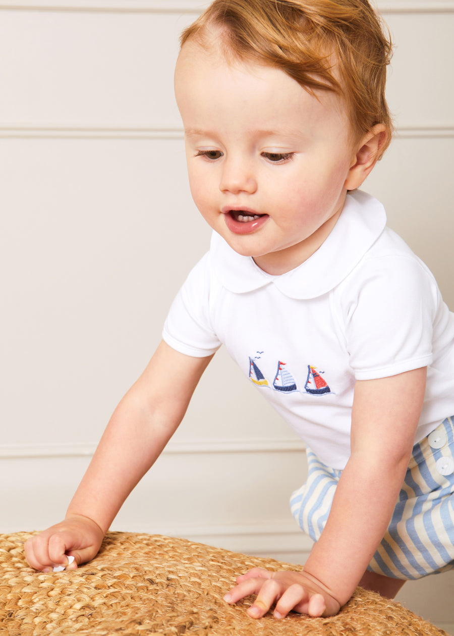Embroidered Boat Motif Peter Pan Collar Bodysuit in White (1mth-3yrs) Tops & Bodysuits from Pepa London