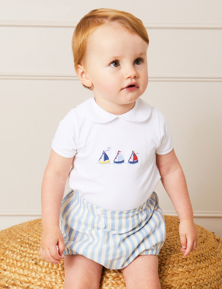 Embroidered Boat Motif Peter Pan Collar Bodysuit in White (1mth-3yrs) Tops & Bodysuits from Pepa London
