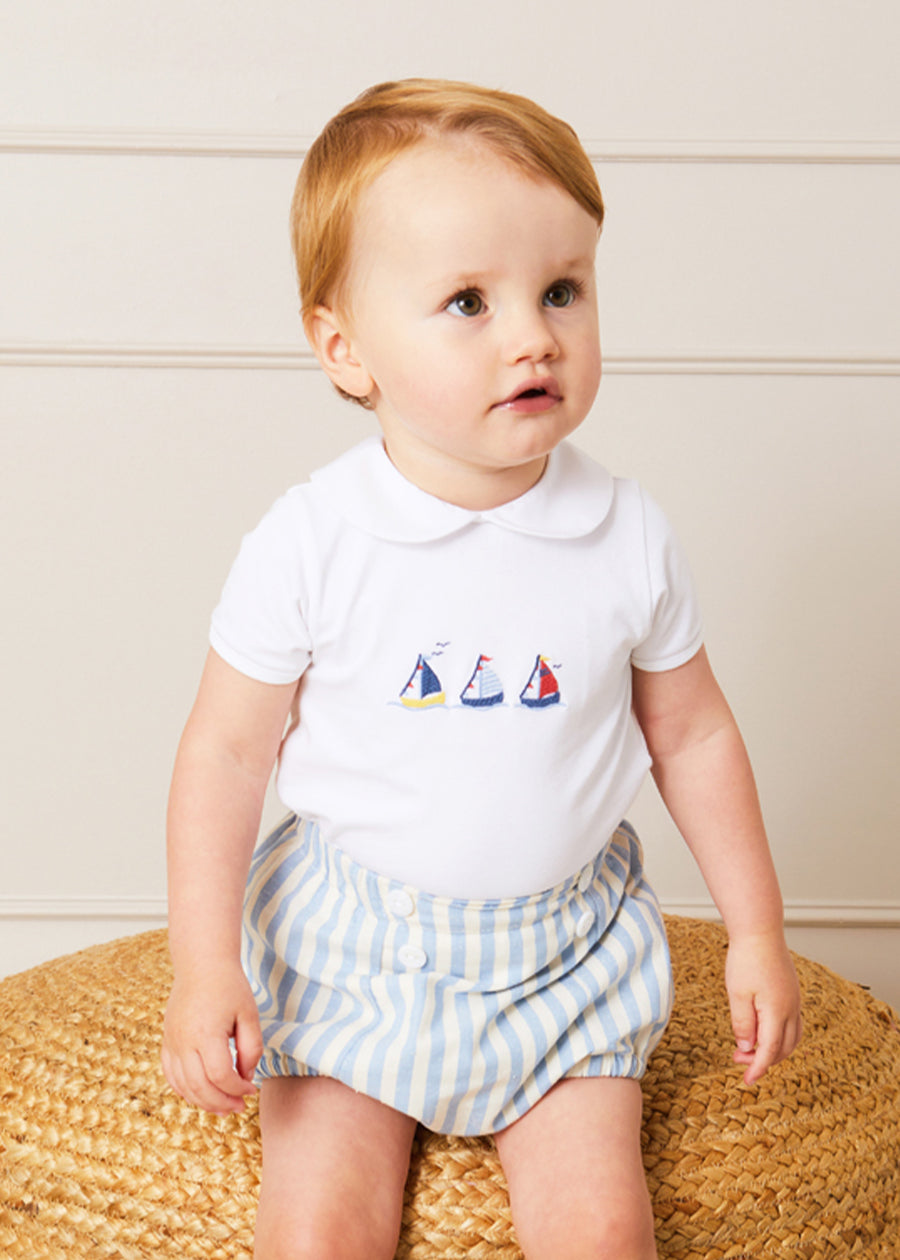 Embroidered Boat Motif Peter Pan Collar Bodysuit in White (1mth-3yrs) Tops & Bodysuits from Pepa London
