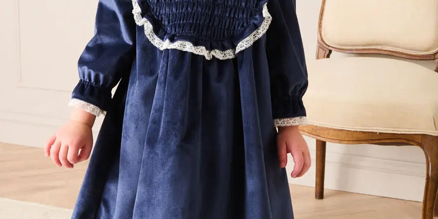 Velvet Hand Smocked Lace Detail Long Sleeve Dress in Navy (2-10yrs) Dresses from Pepa London