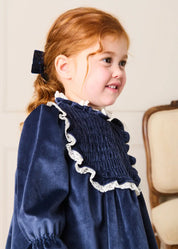 Velvet Hand Smocked Lace Detail Long Sleeve Dress in Navy (2-10yrs) Dresses from Pepa London