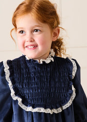Velvet Hand Smocked Lace Detail Long Sleeve Dress in Navy (2-10yrs) Dresses from Pepa London