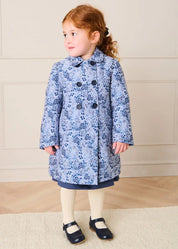 Eleanor Floral Jaquard Long Sleeve Coat Coat in Blue (4-10yrs) Coats from Pepa London