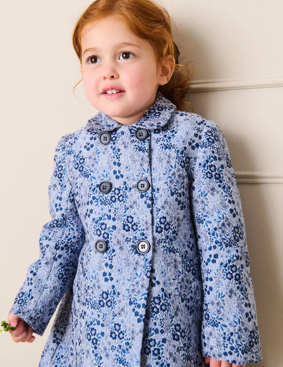 Eleanor Floral Jacquard Long Sleeve Coat Coat in Blue (4-10yrs) Coats from Pepa London