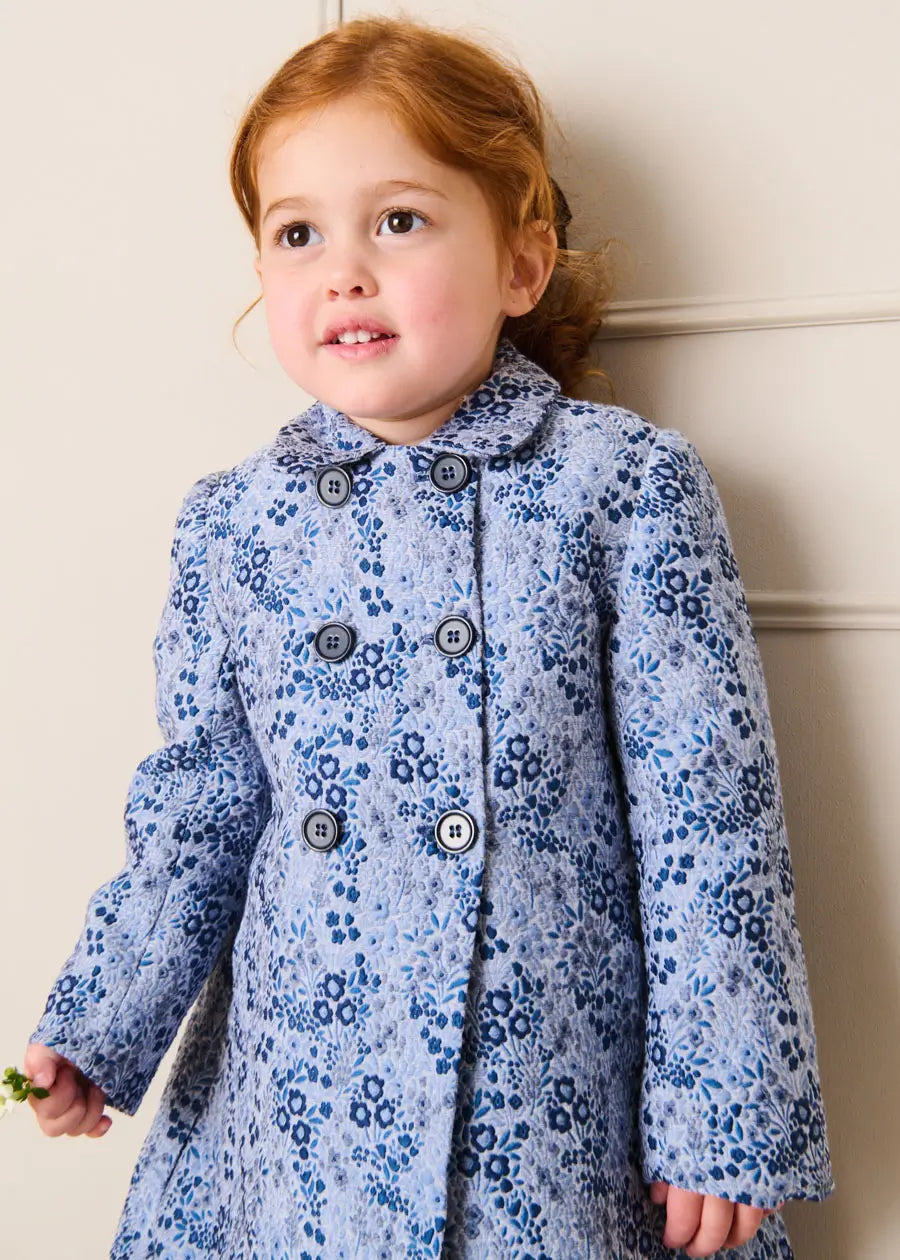 Eleanor Floral Jaquard Long Sleeve Coat Coat in Blue (4-10yrs) Coats from Pepa London