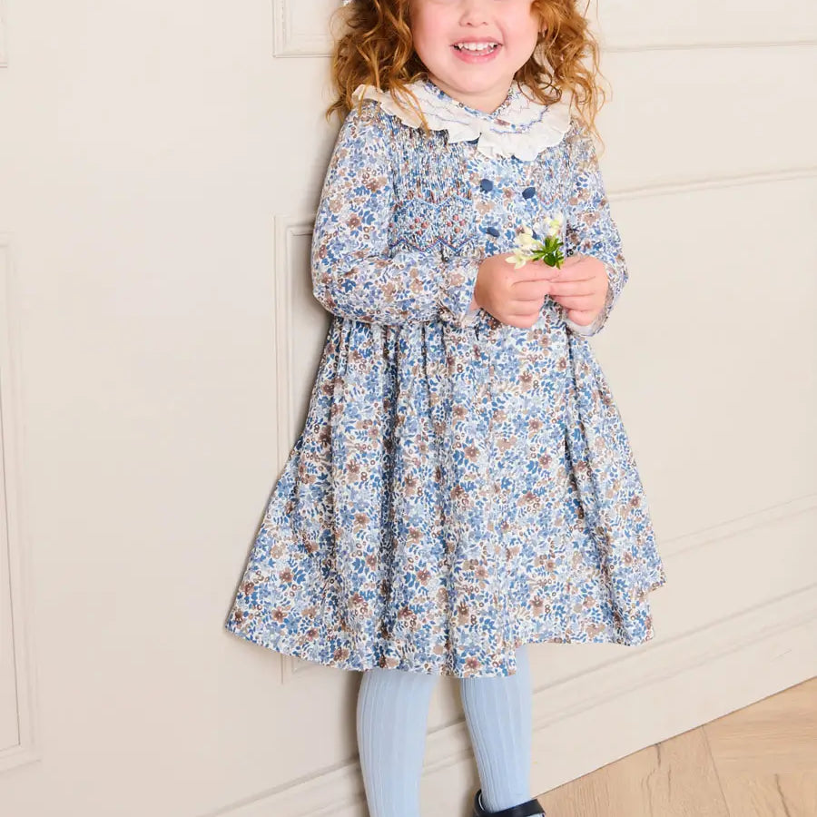 Beatrice Floral Hand Smocked Double Breasted Long Sleeve Dress in Blue (18mths-10yrs) Dresses from Pepa London