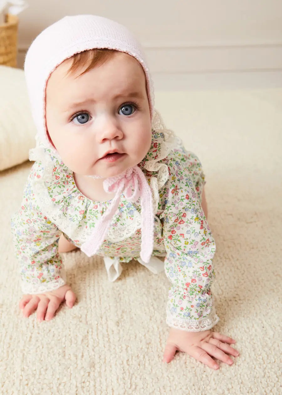 Lace Detail Knitted Bonnet in Pink (1-12mths) Knitted Accessories from Pepa London