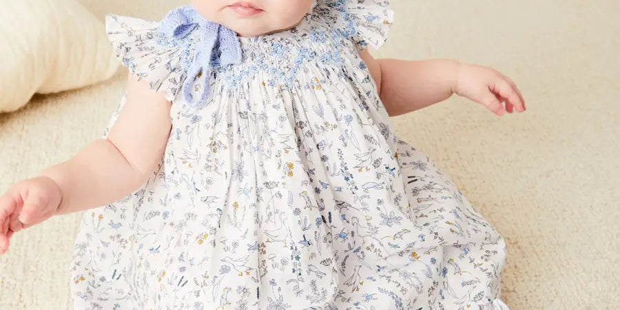Ellis Sleeveless Dress with Bloomer and Bows in Blue Made with Liberty Fabric (1-12m) DRESSES from Pepa London