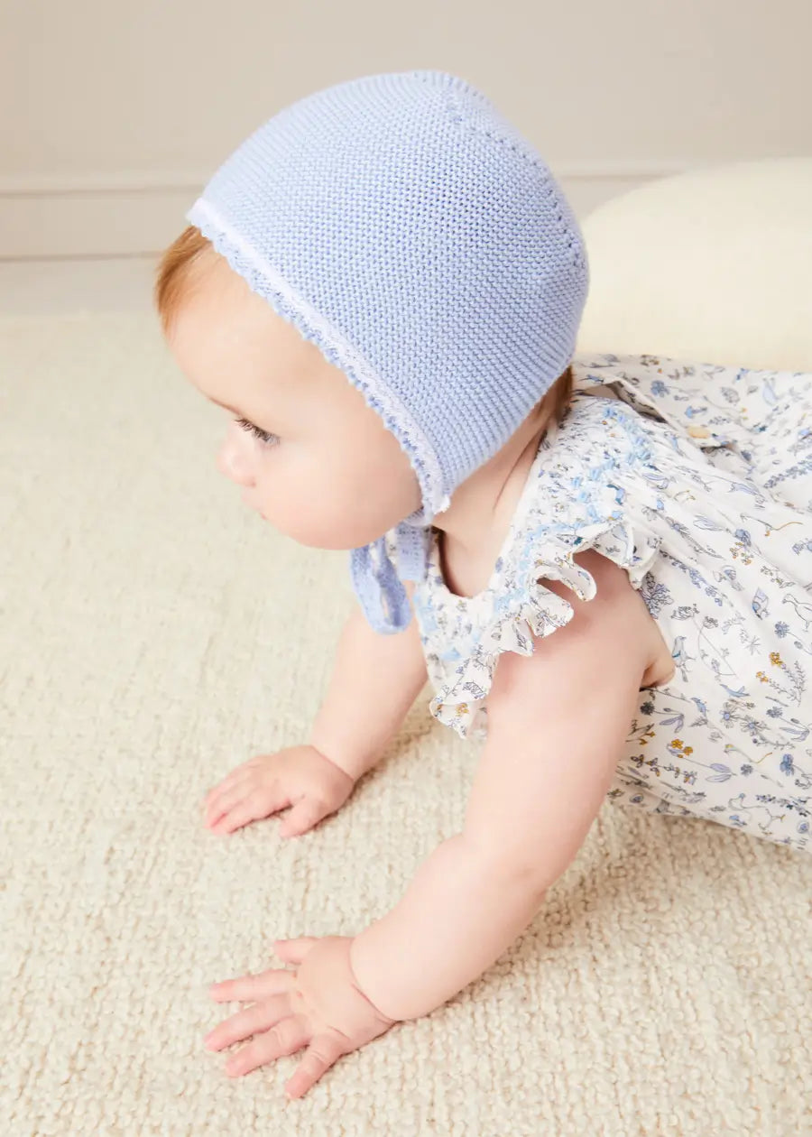 Lace Detail Knitted Bonnet in Blue (1-6mths) Knitted Accessories from Pepa London
