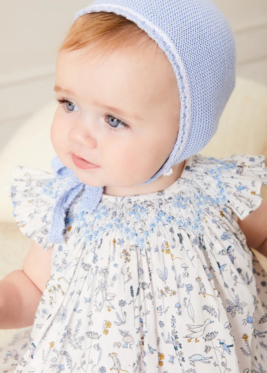Lace Detail Knitted Bonnet in Blue (1-6mths) Knitted Accessories from Pepa London