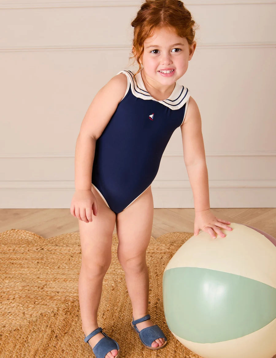 Mariner Collar Embroidered Boat Motif Swimsuit in Navy (12mths-10yrs) SWIMWEAR from Pepa London