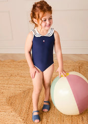 Mariner Collar Embroidered Boat Motif Swimsuit in Navy (12mths-10yrs) Swimwear from Pepa London