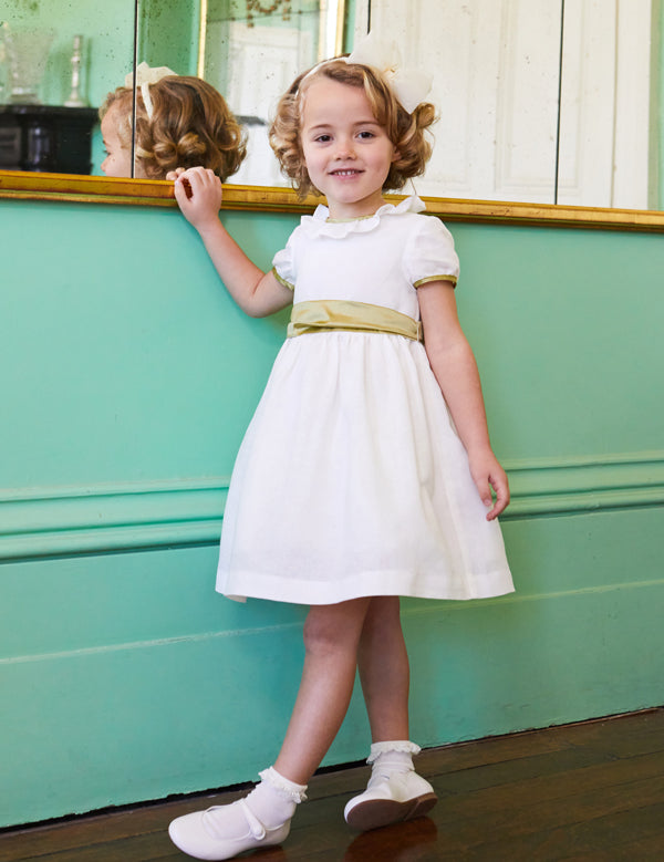 Flower Girl Ivory Dress with Green Silk Sash (6mths-10yrs) Dresses from Pepa London