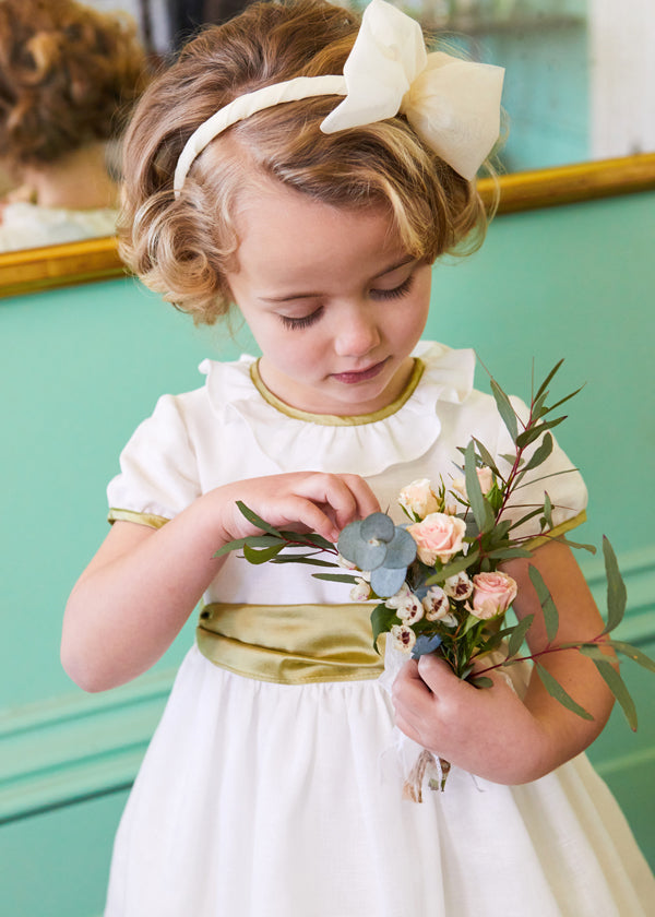 Flower Girl White Dress with Green Silk Sash Pepa London Flower Girl White Dress with Green Silk Sash Pepa London