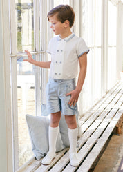 Linen Boys Celebration Shirt White with Blue Silk piping (3-10yrs) Shirts from Pepa London
