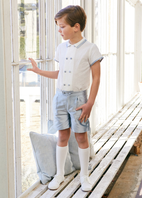 Linen Boys Celebration Shirt White with Blue Silk piping (3-10yrs) Shirts from Pepa London