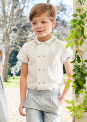 Linen Boys Celebration Shirt White with Blue Silk piping (3-10yrs) Shirts from Pepa London