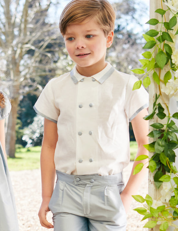 Linen Boys Celebration Shirt White with Blue Silk piping (3-10yrs) Shirts from Pepa London