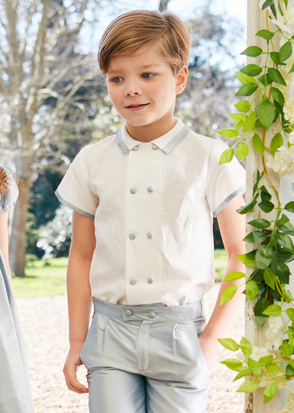 Linen Boys Celebration Shirt White with Blue Silk piping (3-10yrs) Shirts from Pepa London