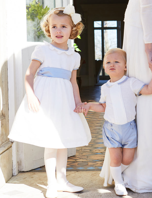Flower Girl Ivory Dress with Blue Silk Sash (6mths-10yrs) Dresses from Pepa London