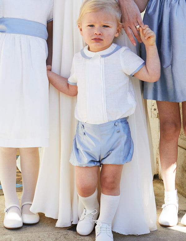Baby Boy Celebration Blue Silk Bloomers and Linen Shirt Set (12mths-4yrs) Sets from Pepa London