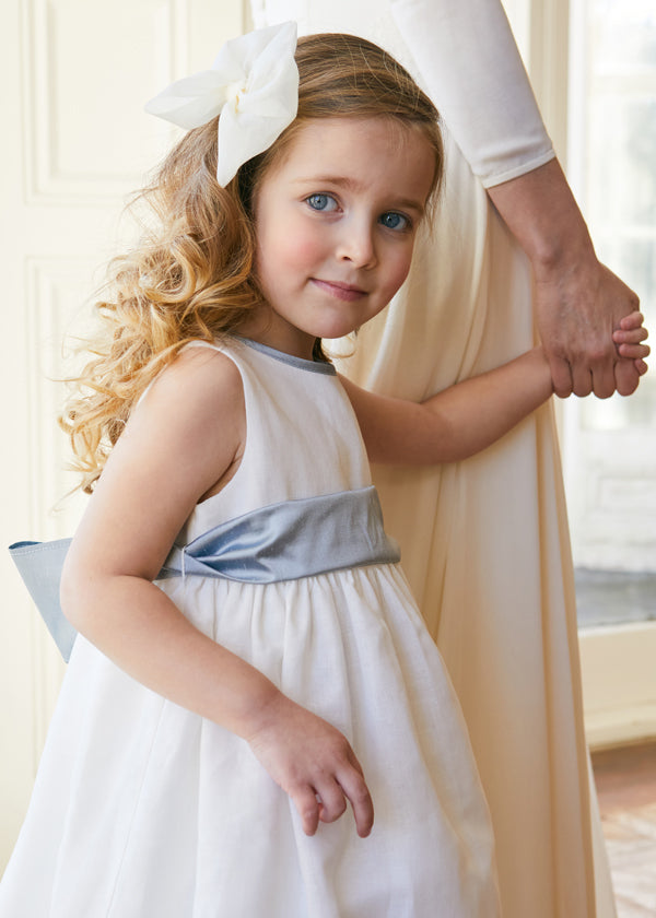 Sleeveless Flower Girl Dress - Blue Silk Sash Pepa London Sleeveless Flower Girl Dress - Blue Silk Sash Pepa London
