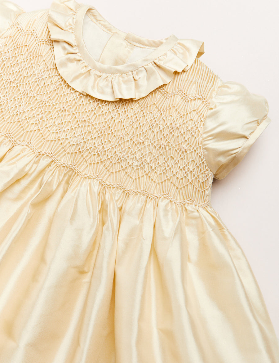 Girls Silk Hand Smocked Celebration Dress in Champagne (6mths-10yrs) Dresses from Pepa London