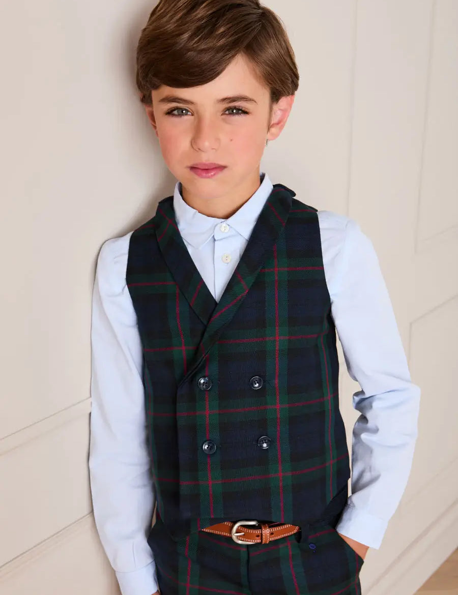 Kinnerton Tartan Double Breasted Waist Coat Vest in Green (4-10yrs) Coats from Pepa London