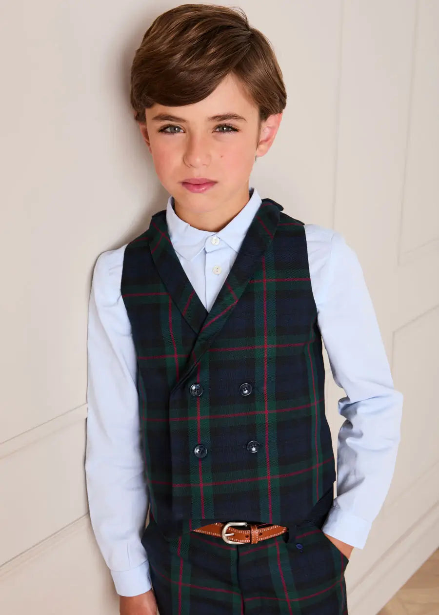 Kinnerton Tartan Double Breasted Waist Coat Vest in Green (4-10yrs) Coats from Pepa London