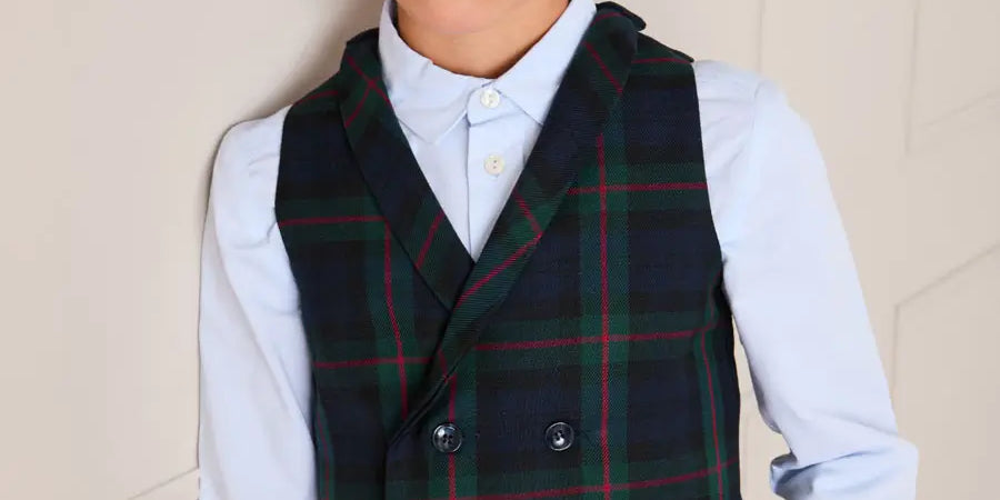 Kinnerton Tartan Double Breasted Waist Coat Vest in Green (4-10yrs) Coats from Pepa London