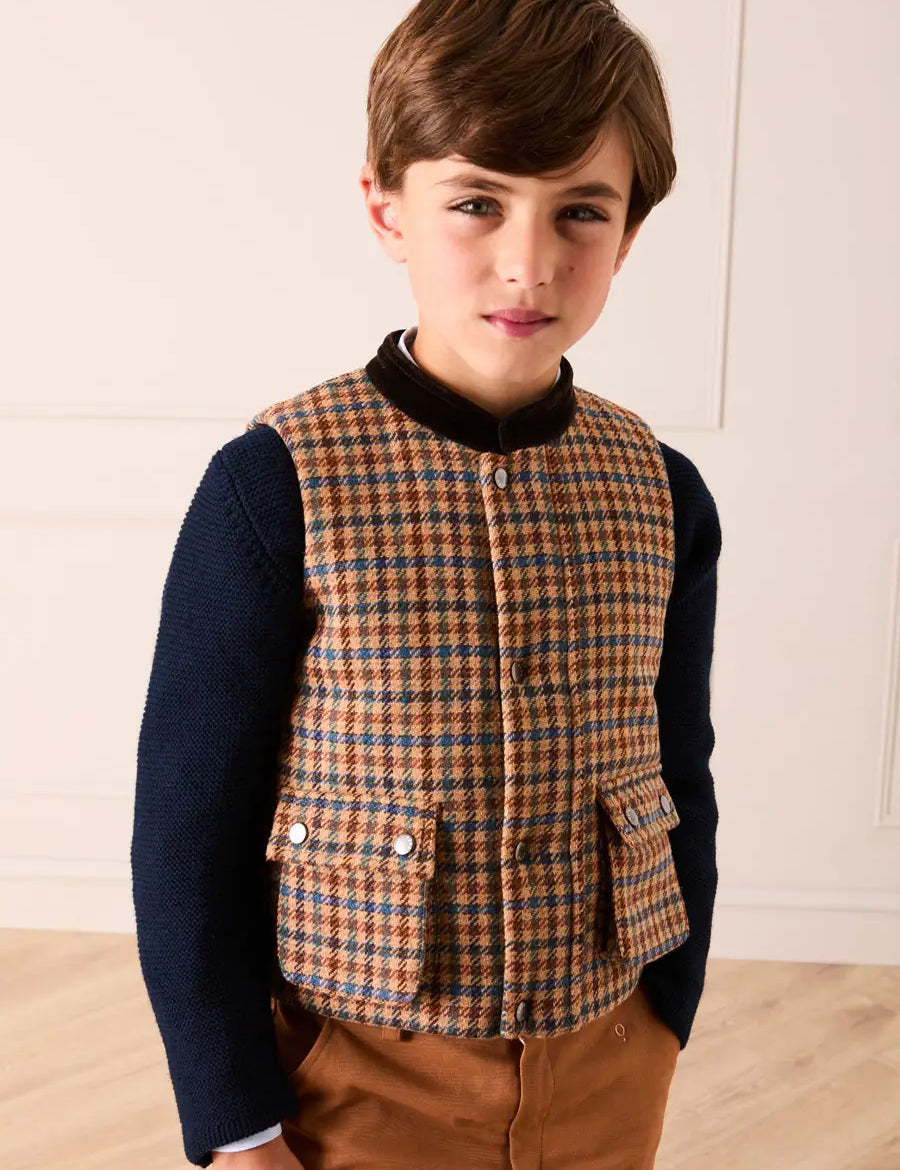 Vincent Check Velvet Collar Pocket Detail Vest Gillet in Brown (4-10yrs) Coats from Pepa London