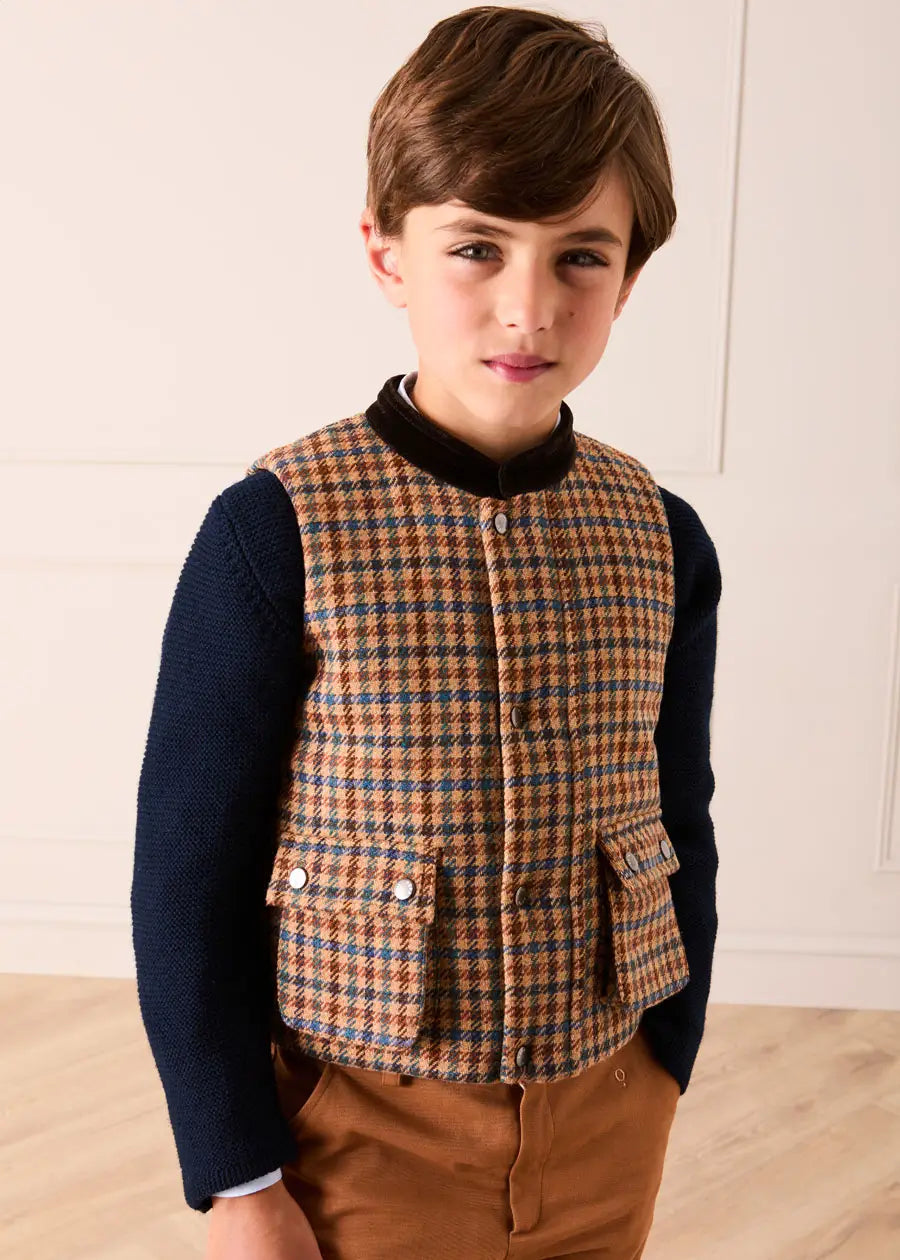 Vincent Check Velvet Collar Pocket Detail Vest Gillet in Brown (4-10yrs) Coats from Pepa London