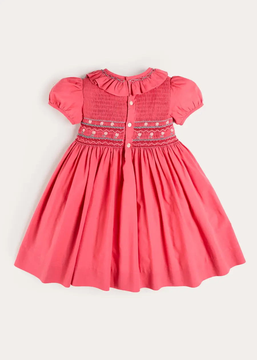 Hand Smocked Flower Embroidered Dress in Strawberry (12mths- 10yrs) Dresses from Pepa London