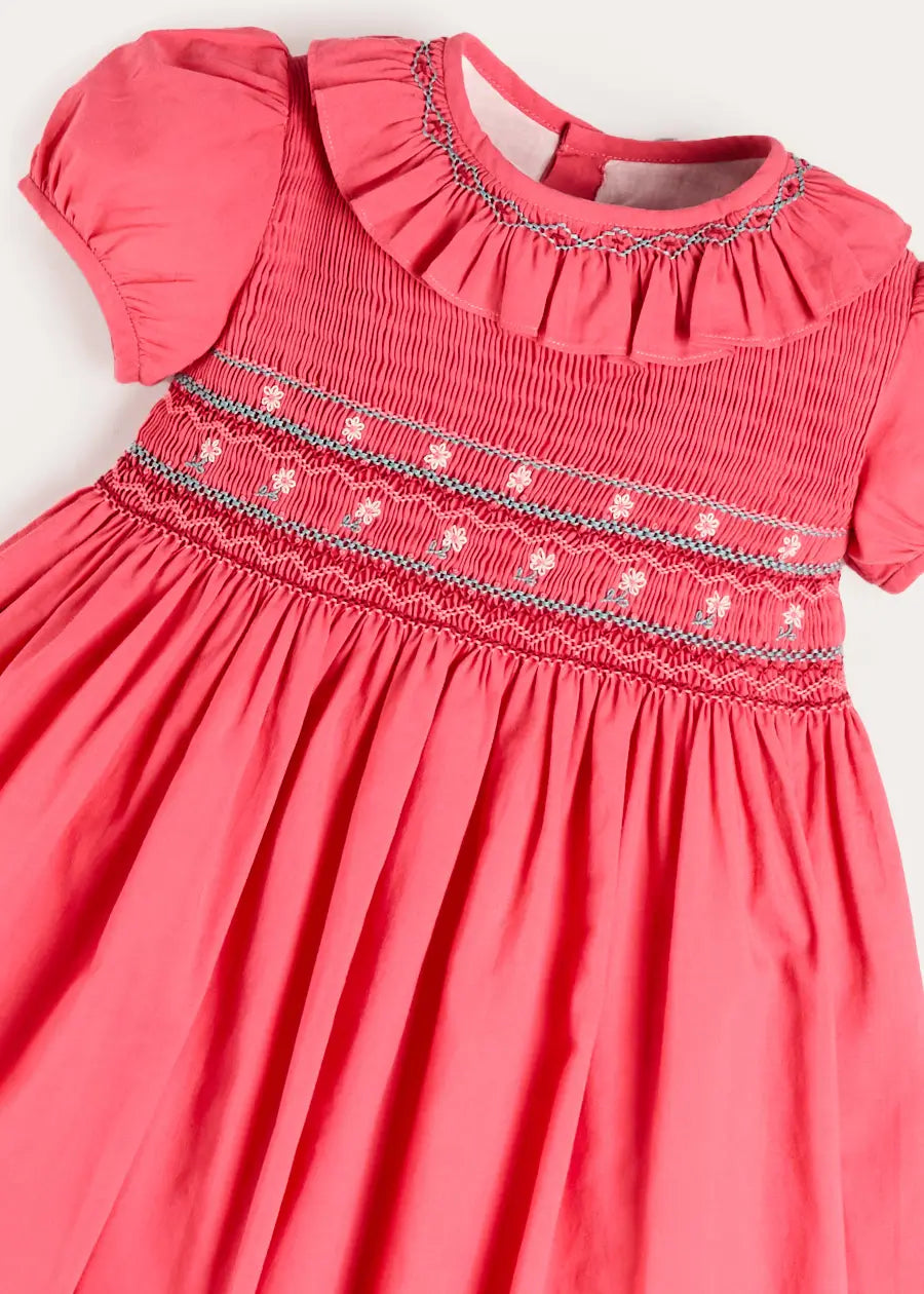 Hand Smocked Flower Embroidered Dress in Strawberry (12mths- 10yrs) Dresses from Pepa London
