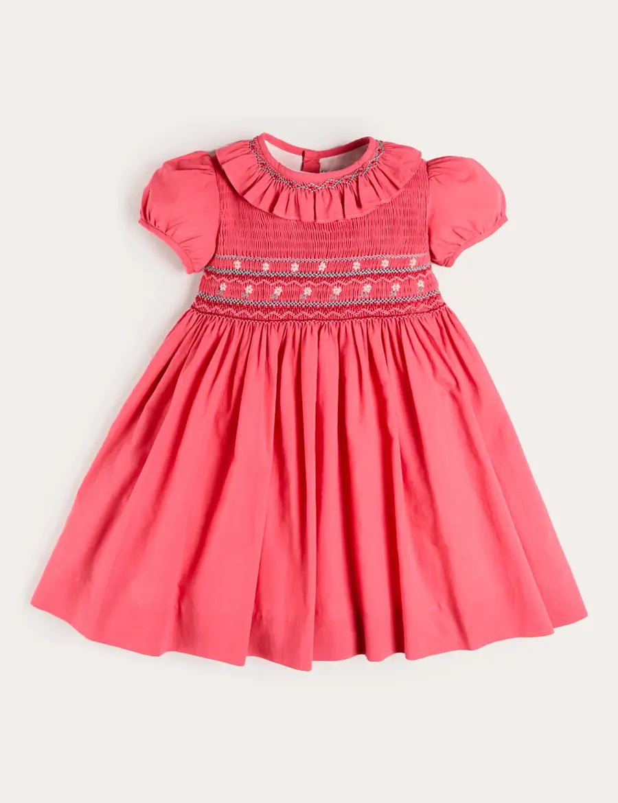 Hand Smocked Flower Embroidered Dress in Strawberry (12mths- 10yrs) Dresses from Pepa London
