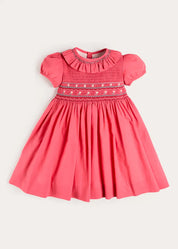 Hand Smocked Flower Embroidered Dress in Strawberry (12mths- 10yrs) Dresses from Pepa London