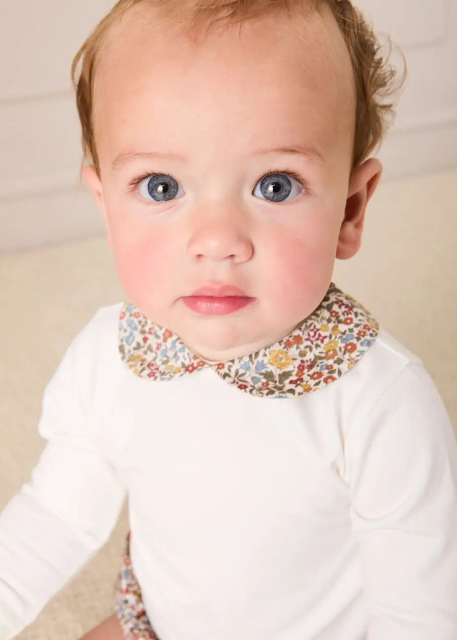 Marianne Floral Collar Long Sleeve Bodysuit in Toffee Made with Liberty Fabric (1mth-3yrs) Tops & Bodysuits from Pepa London